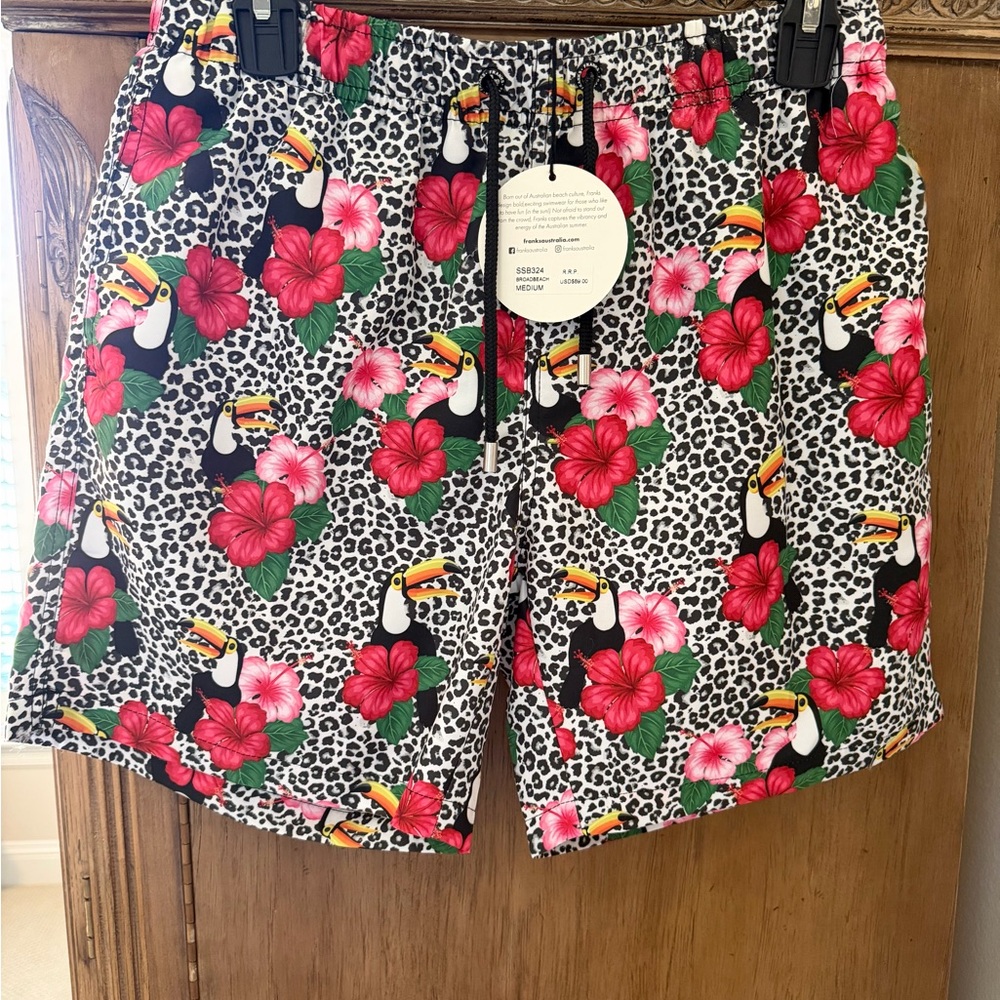 Franco Sarto Black Tropical Toucan Swim Trunks with Pink & Red Hibiscus